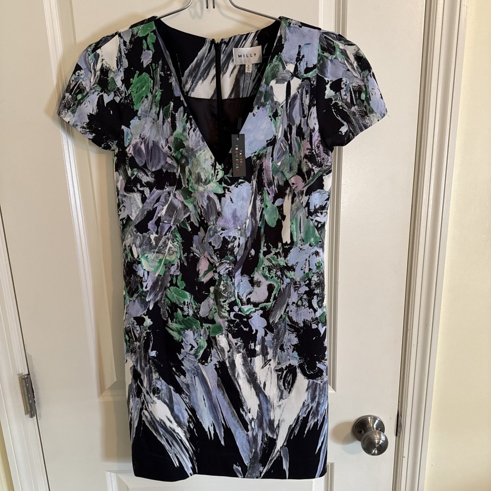 NWT Milly‎ 'Chloe' Painted Floral Watercolor Shear V Neck Dress Sz 4